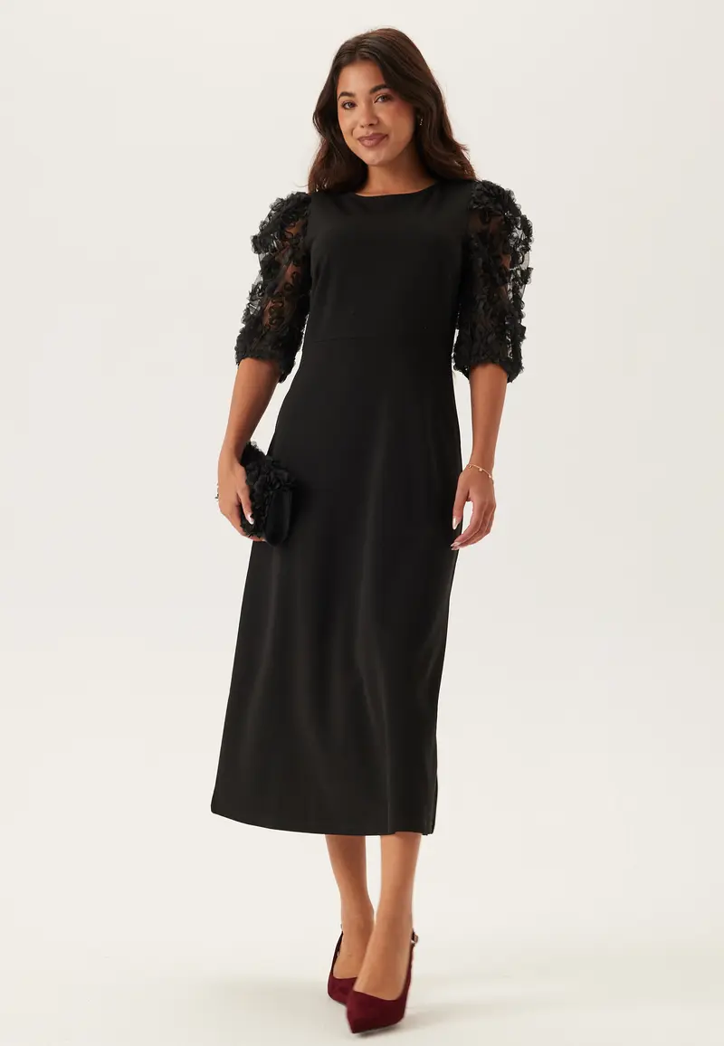 3D Floral Sleeve Midi Dress