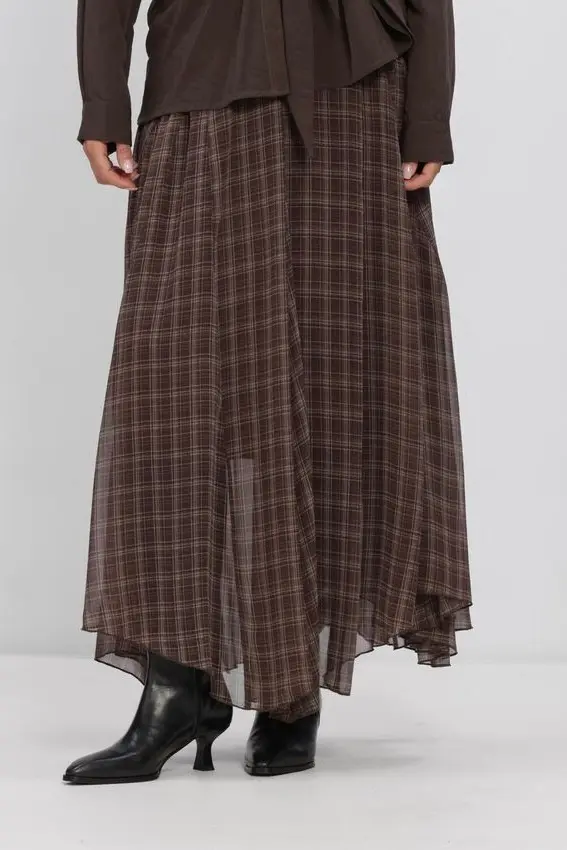Asymmetric Checked Maxi Skirt Marrone