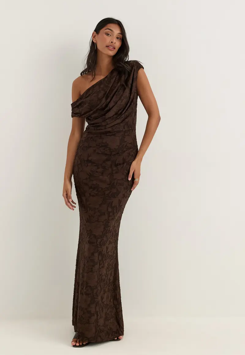 Asymmetric Draped Floral Burnout Maxi Dress