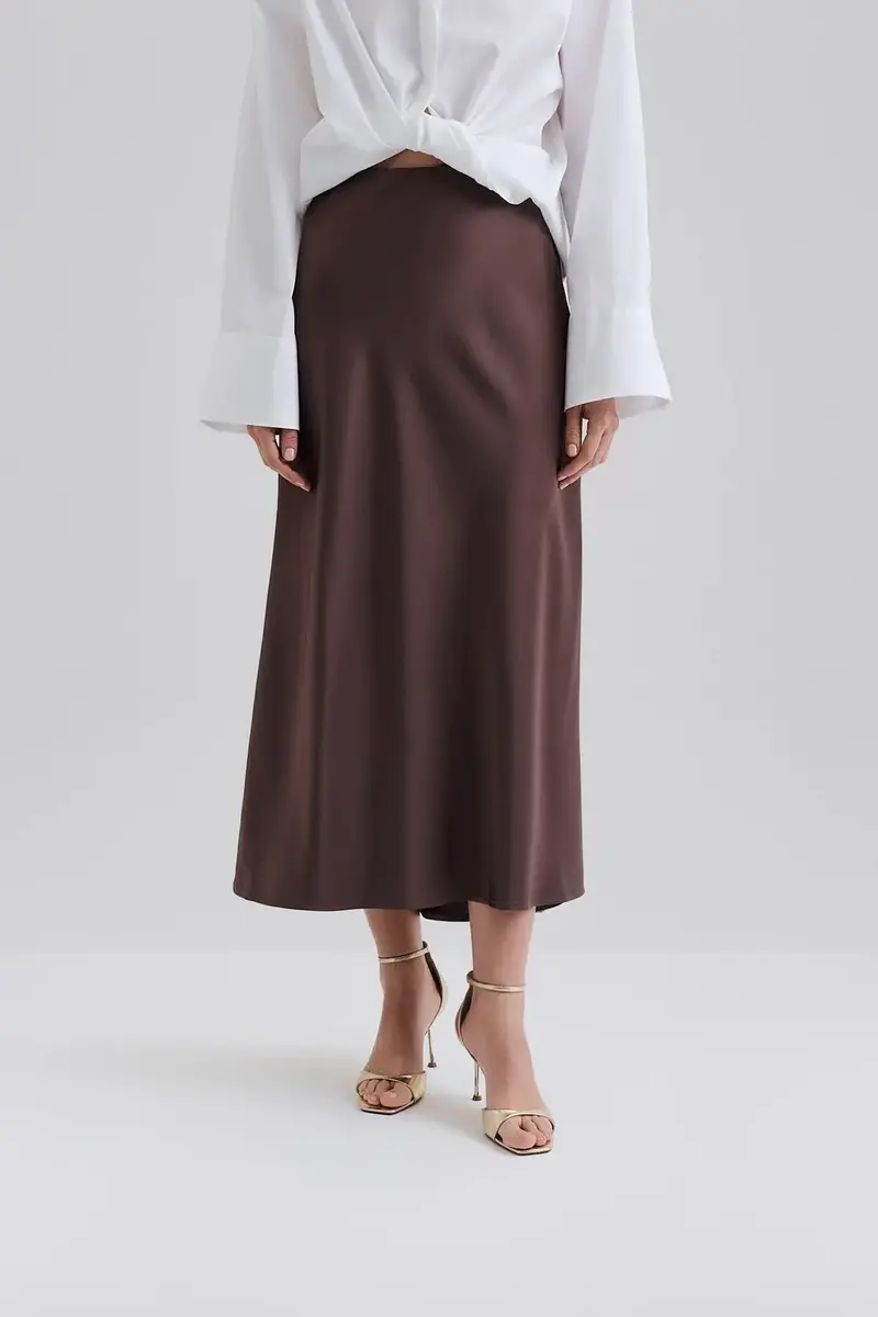 Aubree Satin Midi Skirt Chocolate
