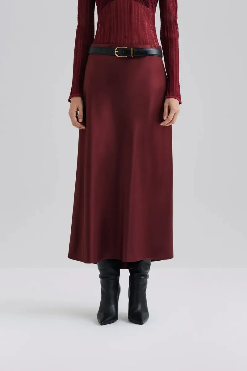 Aubree Satin Midi Skirt Wine