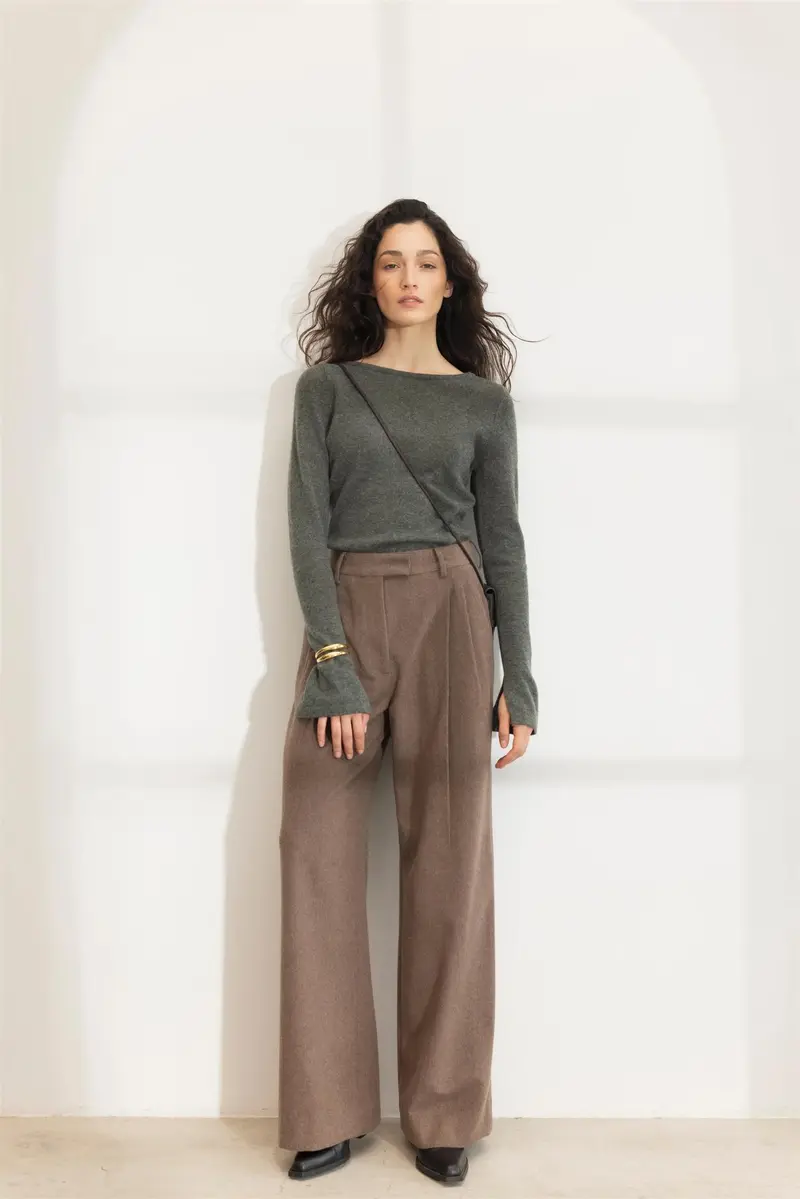 Ava Wool Trouser -  Dark Taupe Melange