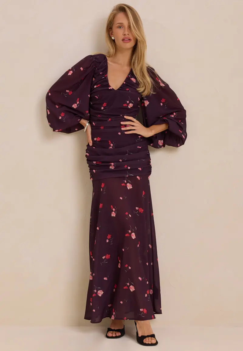 Balloon Sleeve Chiffon Maxi Dress