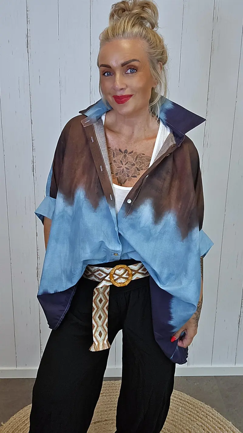 Batikk Poncho skjorte blå/brun