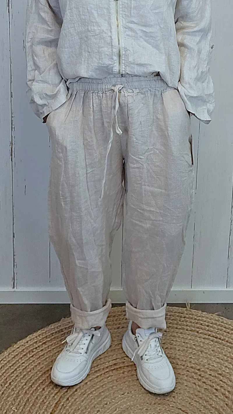 Beige linbukse med elastisk liv