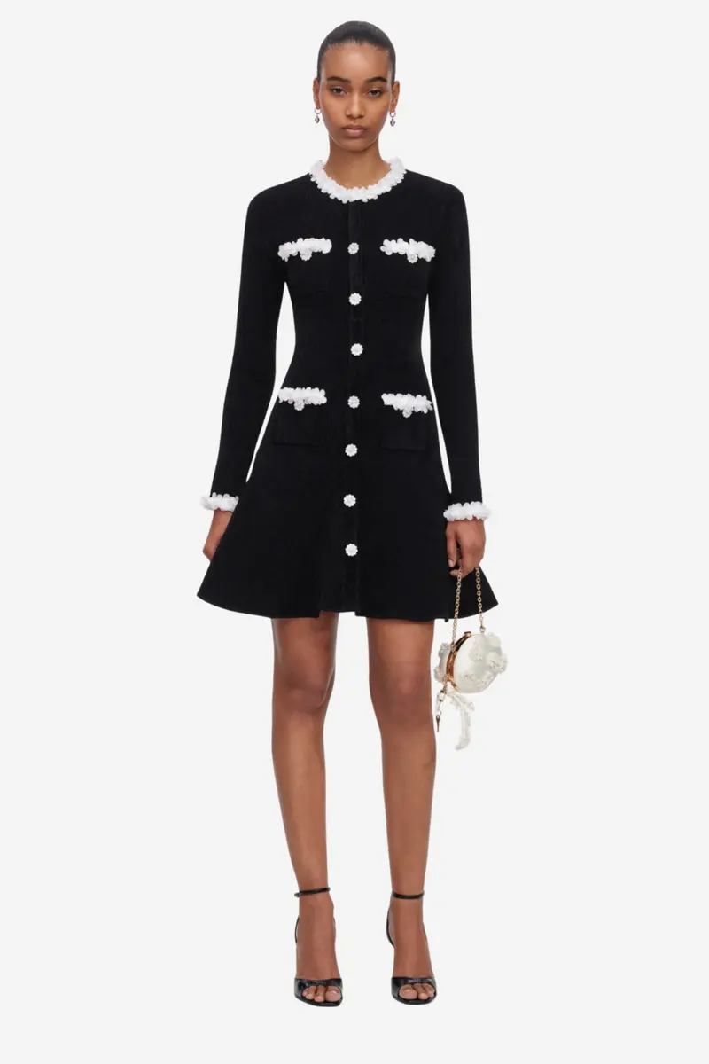 Black Chenille Knit Flower Trim Mini Dress Black
