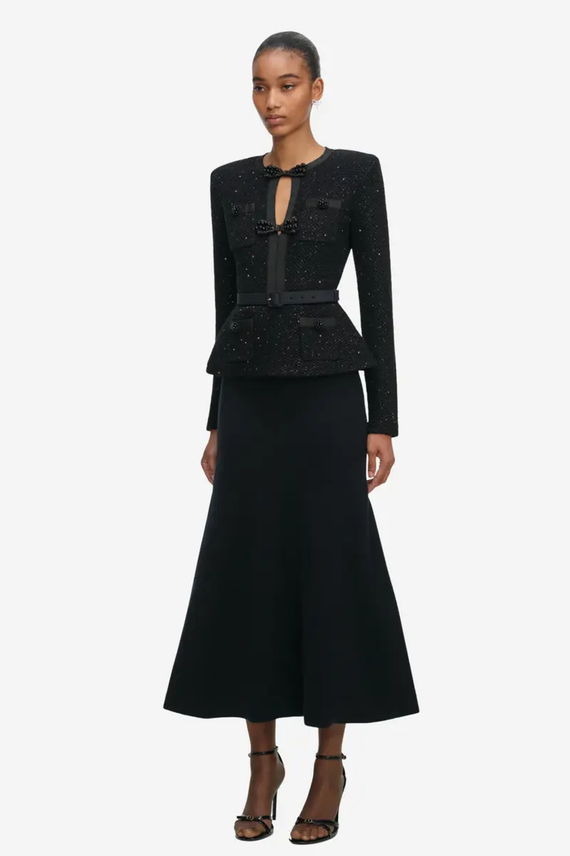 Black Sequin Knit Tailored Midi Dress