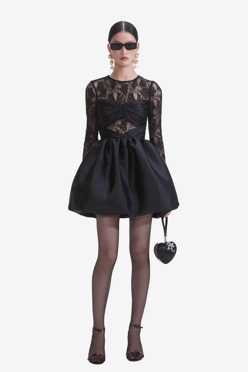 Black Taffeta Lace Mini Dress