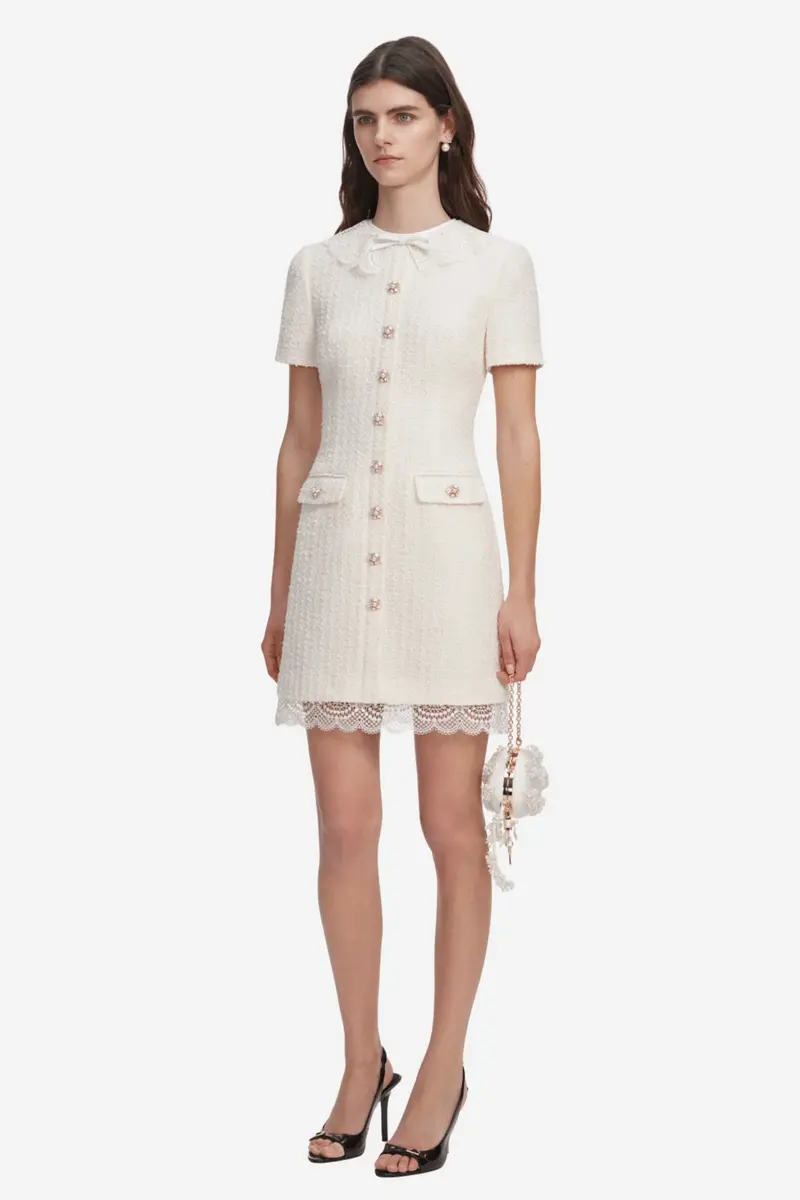 Boucle Lace Trim Mini Dress Cream