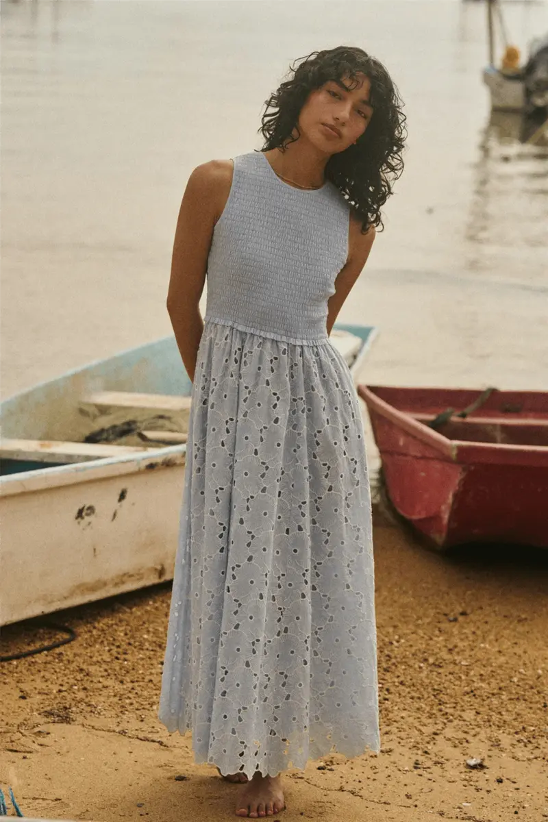 Broderie Anglaise Smocking Dress Light Blue