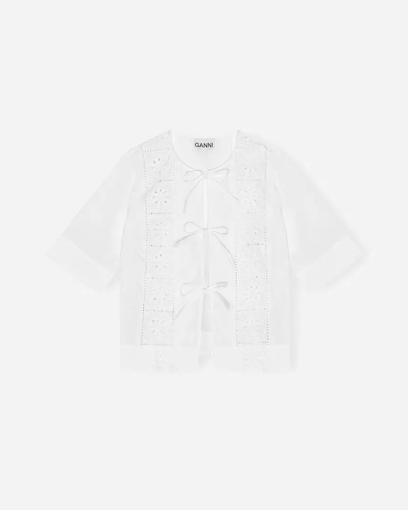 Broderie Anglaise Tie Blouse - Bright White