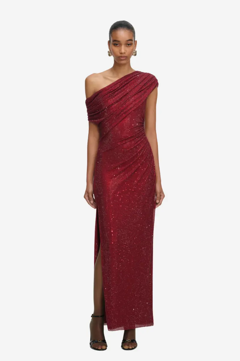 Burgundy Rhinestone Drape Midi Dress