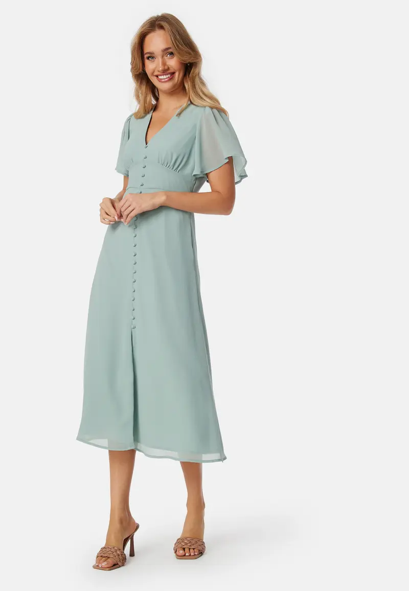 Butterfly Sleeve Button Midi Dress