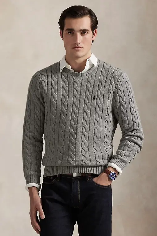 Cable-Knit Cotton Jumper Fawn Grey Heather