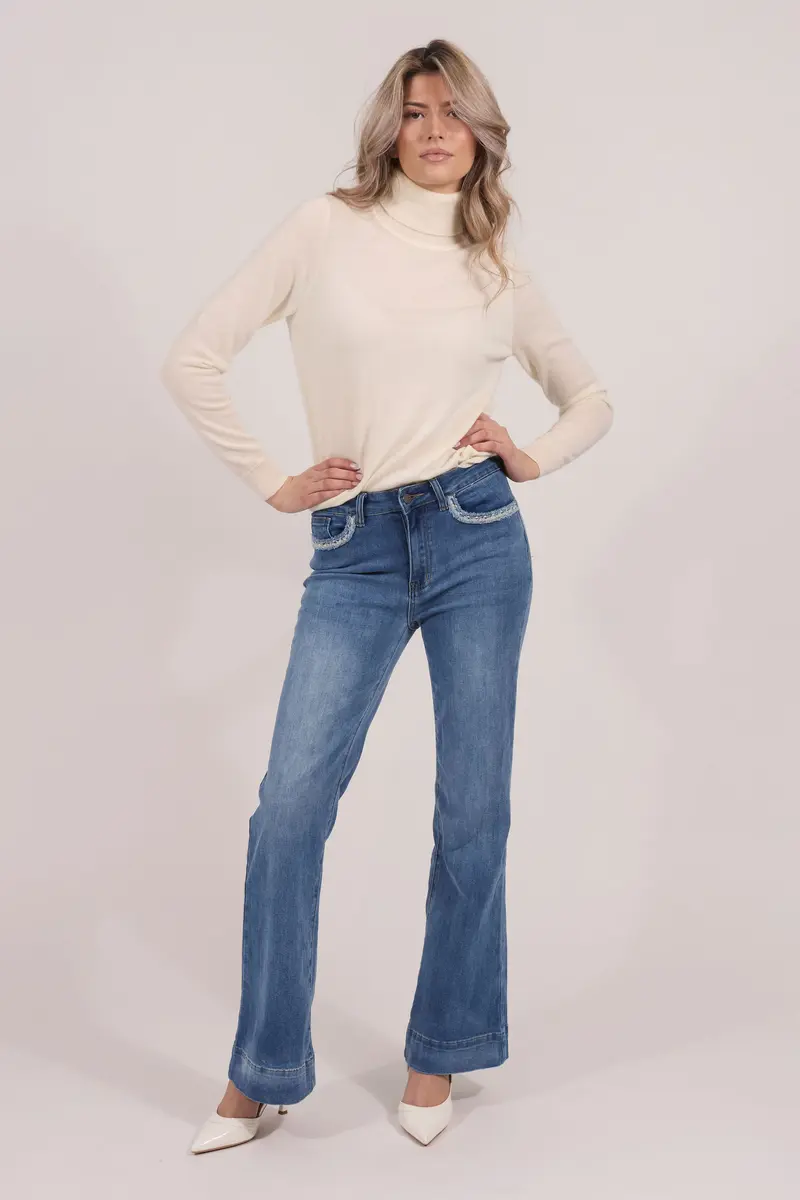 Casual denim jeans w/Ribbon Mid-Jeans Blue
