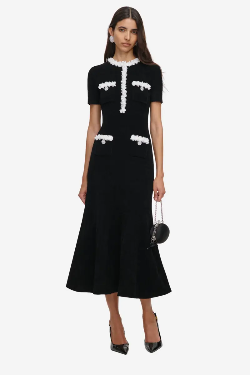 Chenille Knit Flower Trim Midi Dress Black
