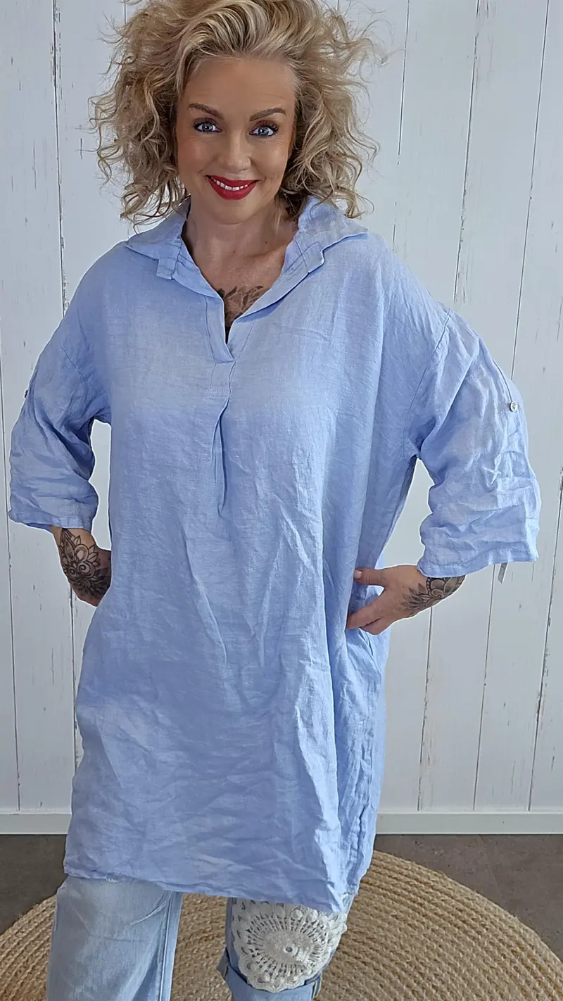 Christy lys blå linkjole med oppbrettbare ermer