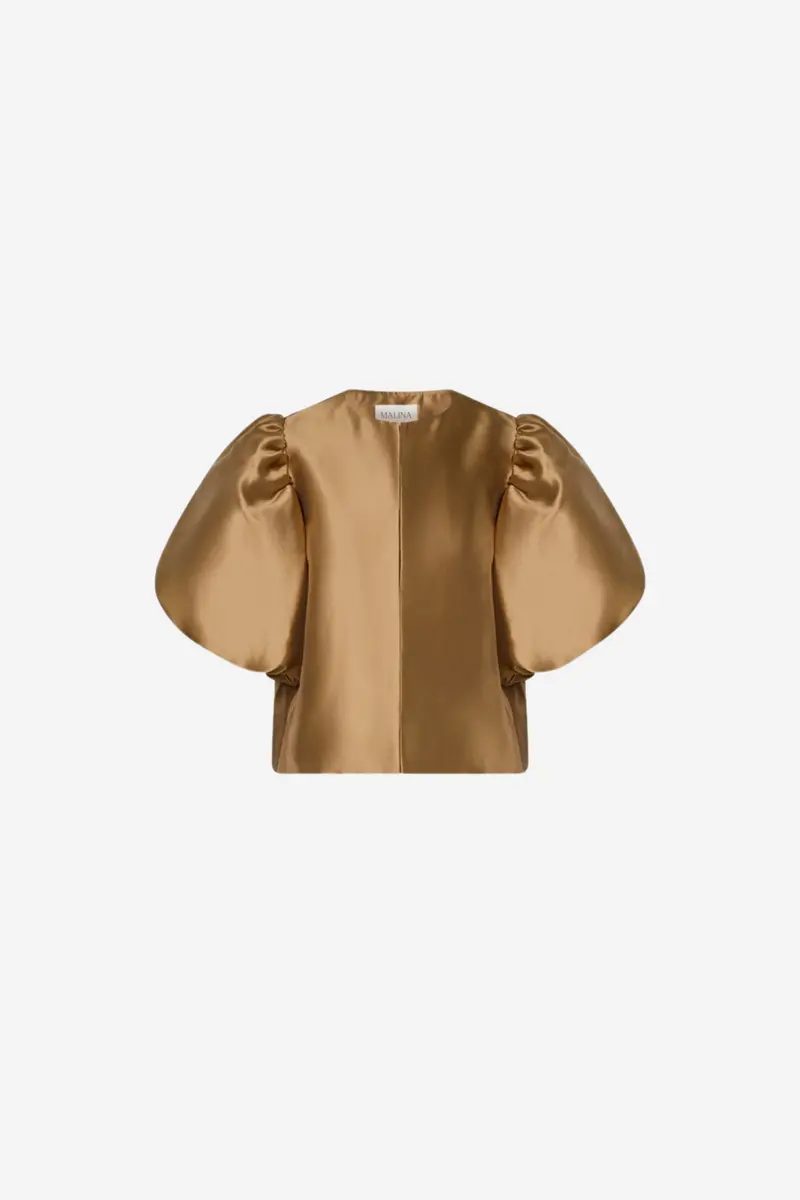 Cleo Puff-Sleeve Satin Blouse Camel