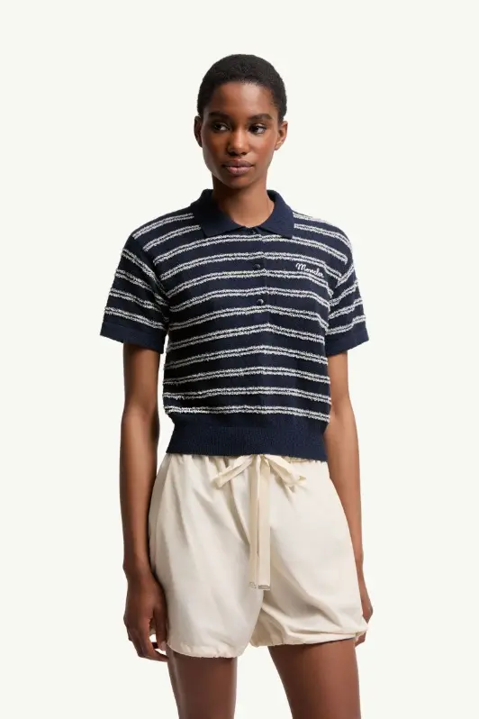 Cotton Blend Bouclé Crêpe Polo Shirt Navy