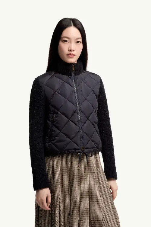 Cotton Blend Padded Zip-Up Cardigan Navy Blue