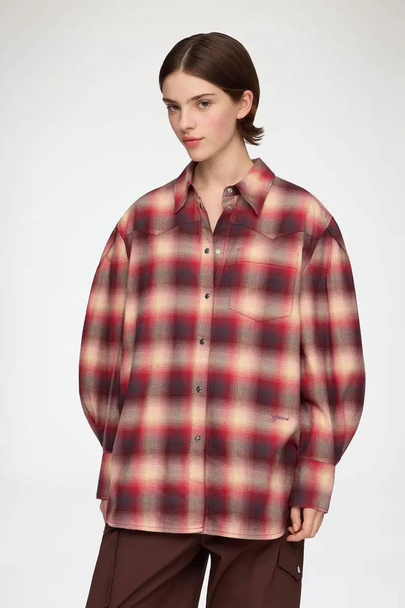 Cotton Flannel Check Pleated Sleeve Shirt Raspberry Wine