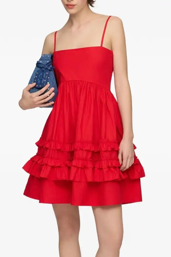 Cotton Poplin Mini Strap Frill Dress Racing Red
