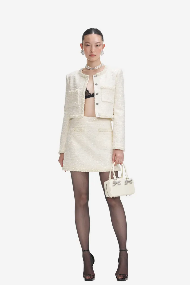 Cream Boucle Pearl Trim Mini Skirt