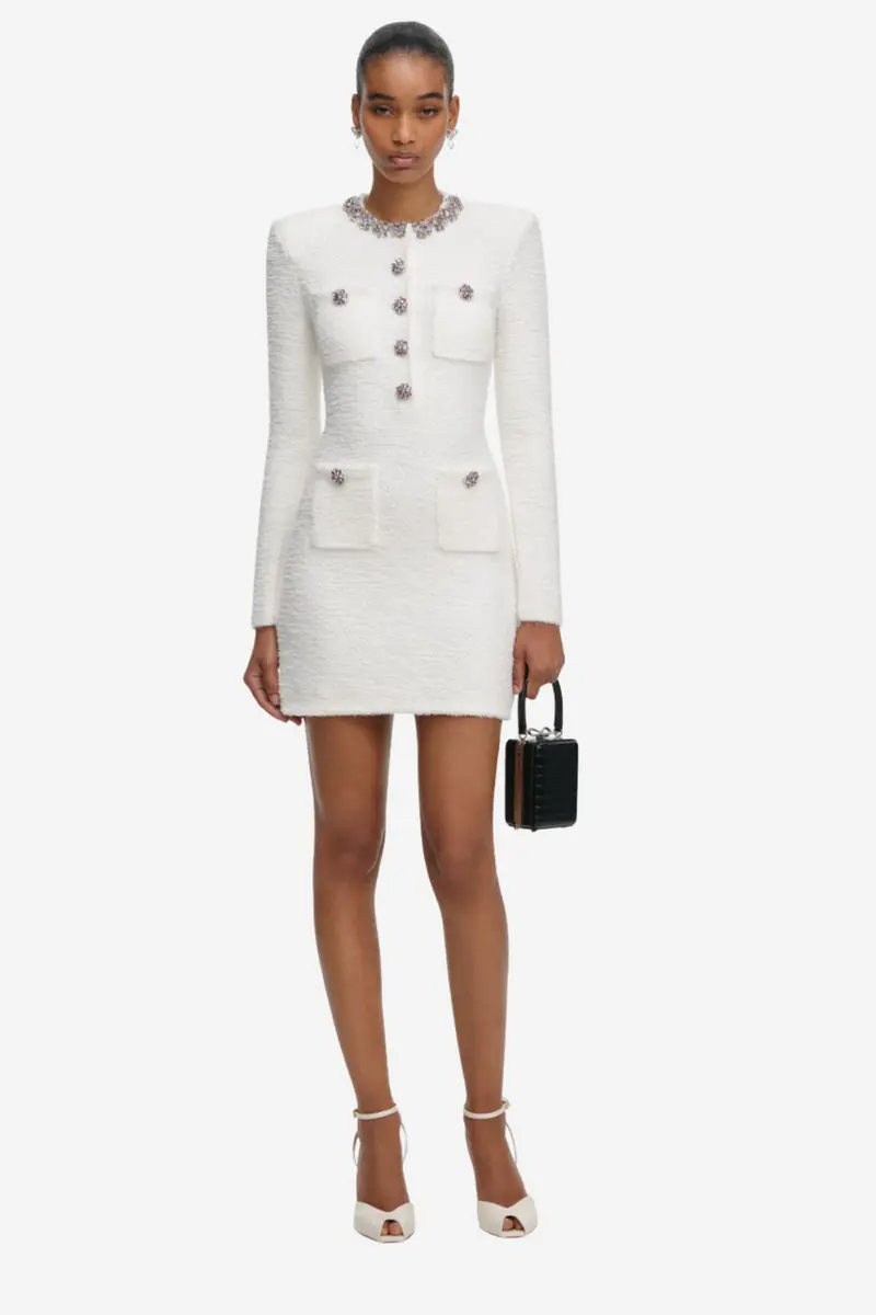 Cream Crystal Trim Knit Mini Dress