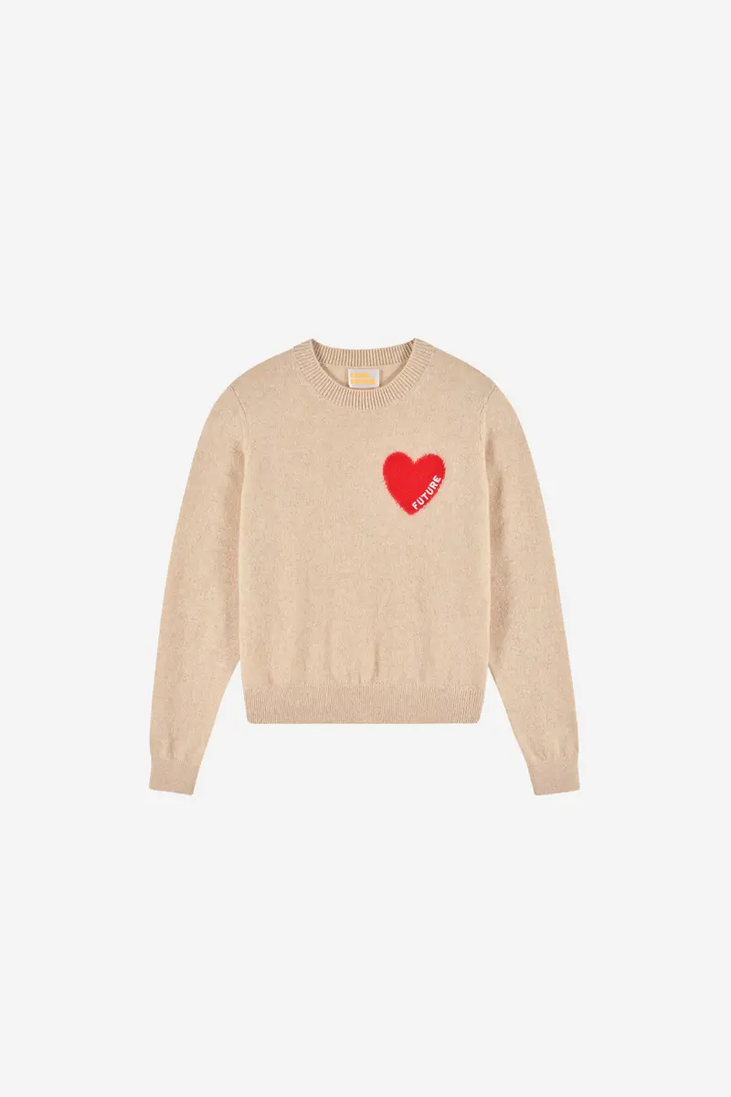 Crewneck Sweater with Future Heart Embroidery Beige Chine
