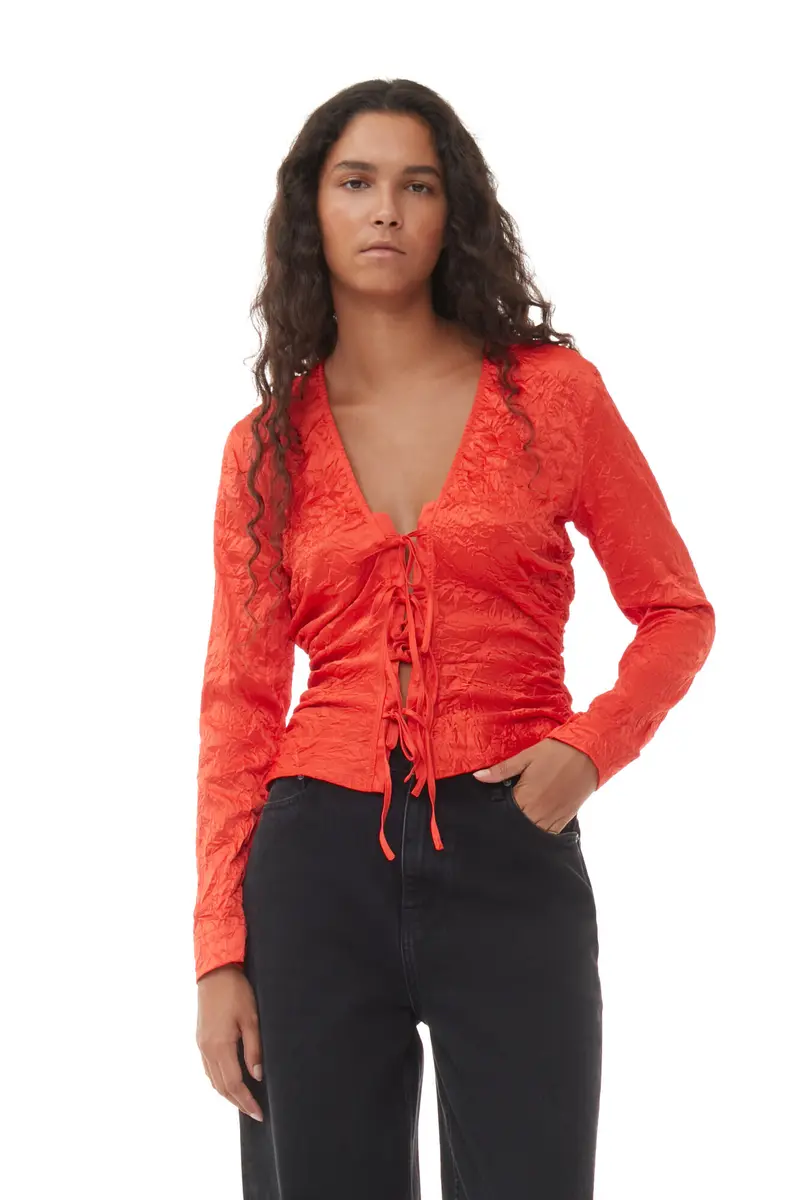 Crinkled Satin V-neck Shirt