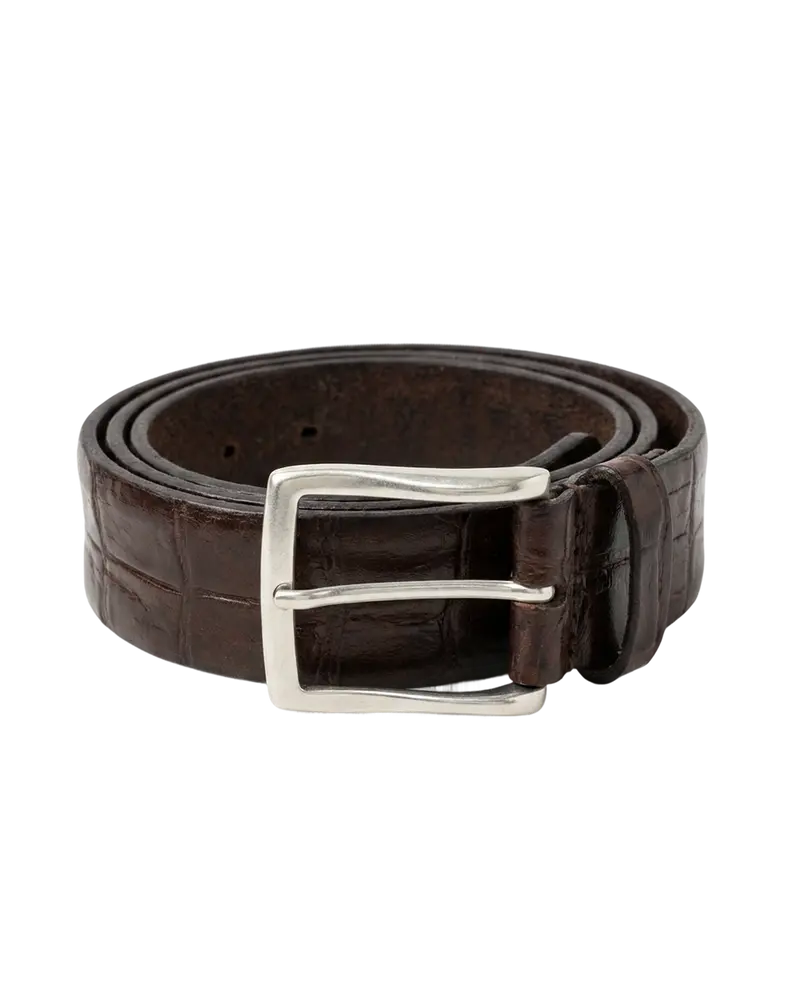 Croc-Effect Leather Belt – Dark Brown