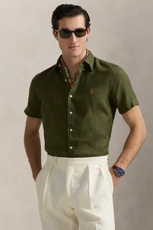 Custom Fit Linen Shirt New Olive