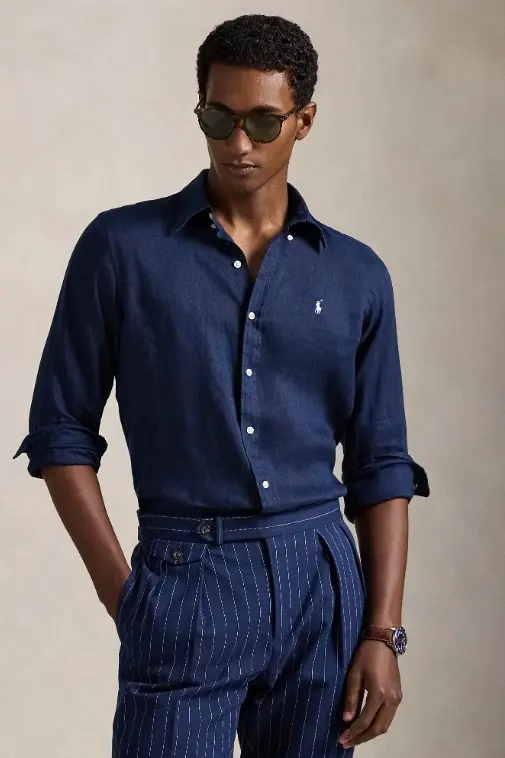 Custom Fit Linen Shirt Newport Navy/White