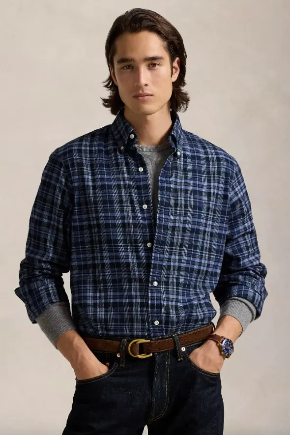 Custom Fit Plaid Performance Twill Shirt Blue Multi