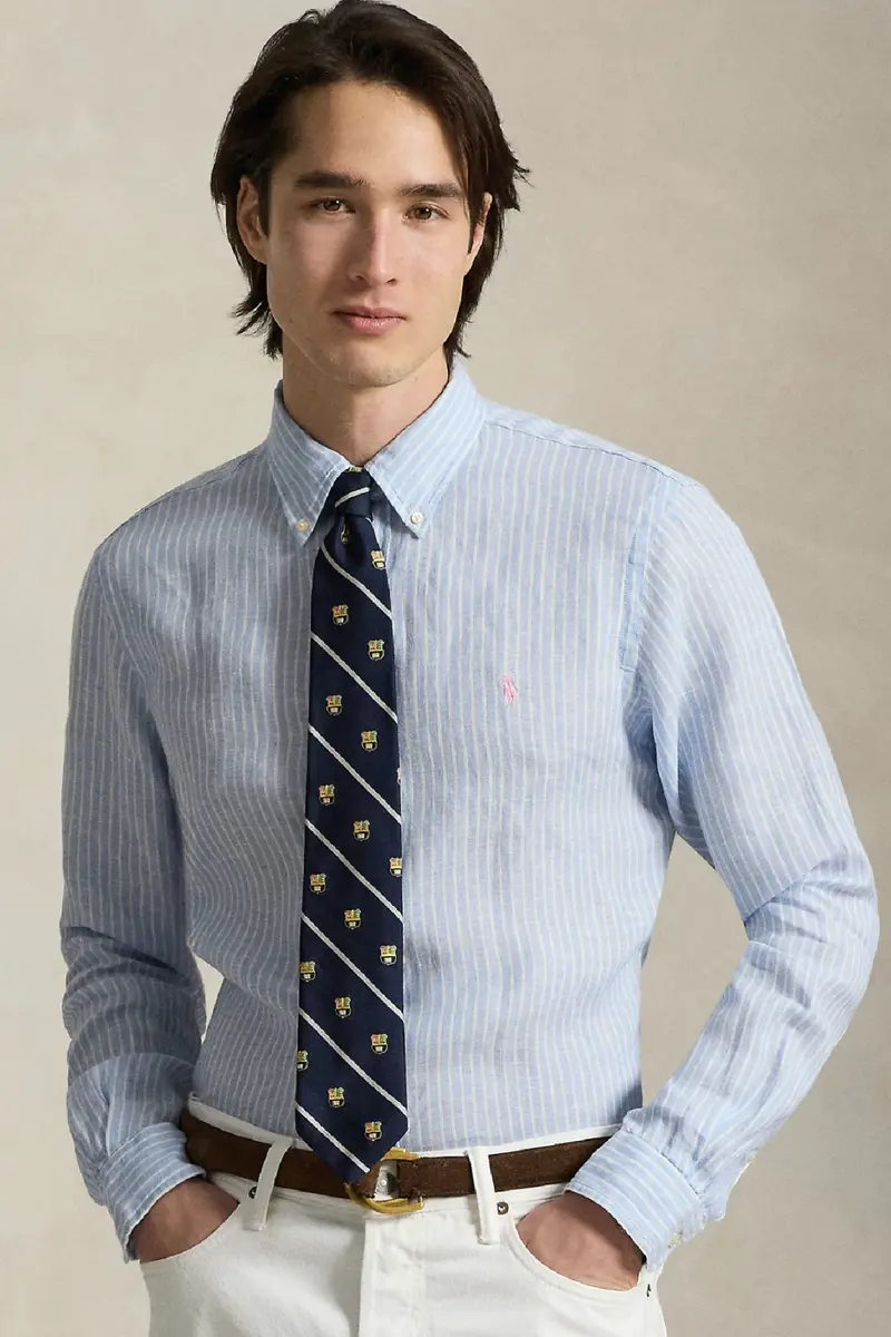 Custom Fit Striped Linen Shirt Blue/White