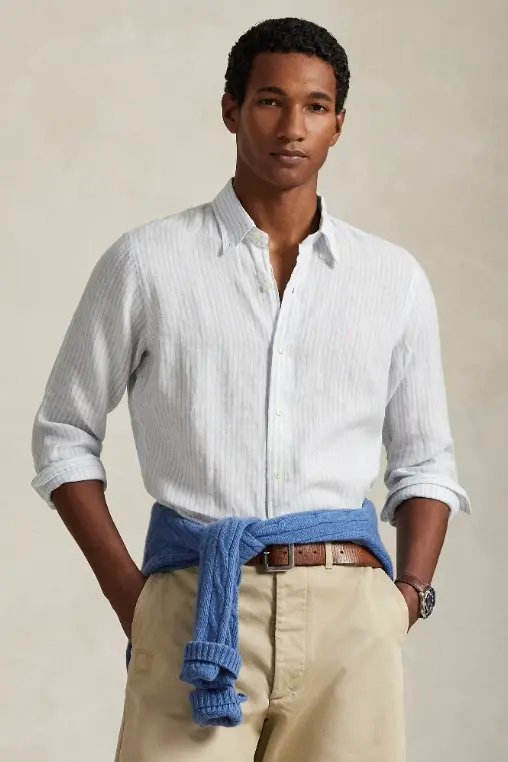 Custom Fit Striped Linen Shirt White/Blue