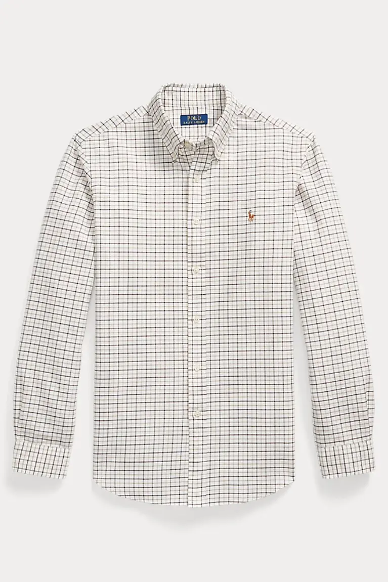 Custom Fit Tattersall Oxford Shirt White Brown Multi