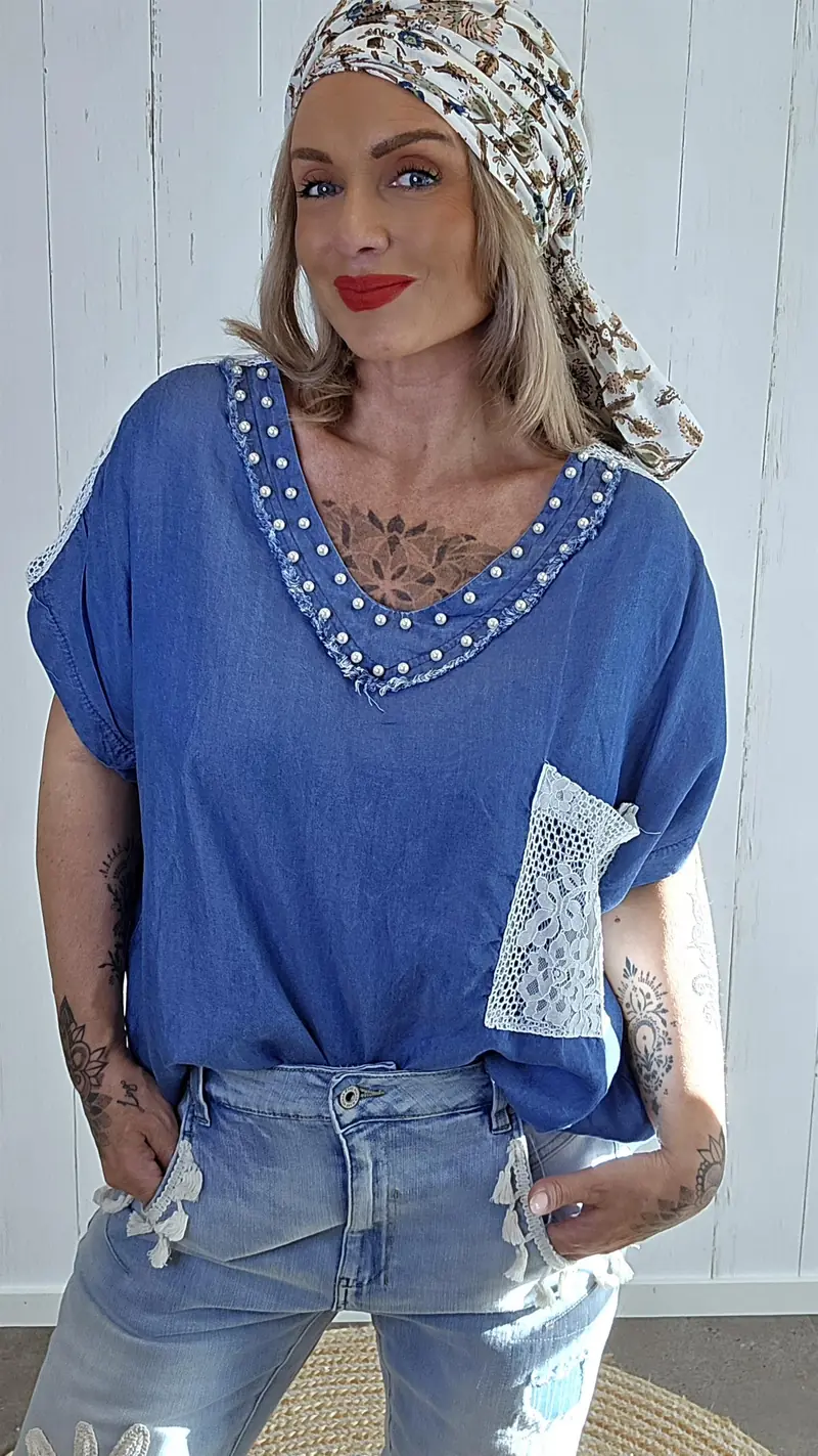 Danie denimlook Topp med Perledetaljer