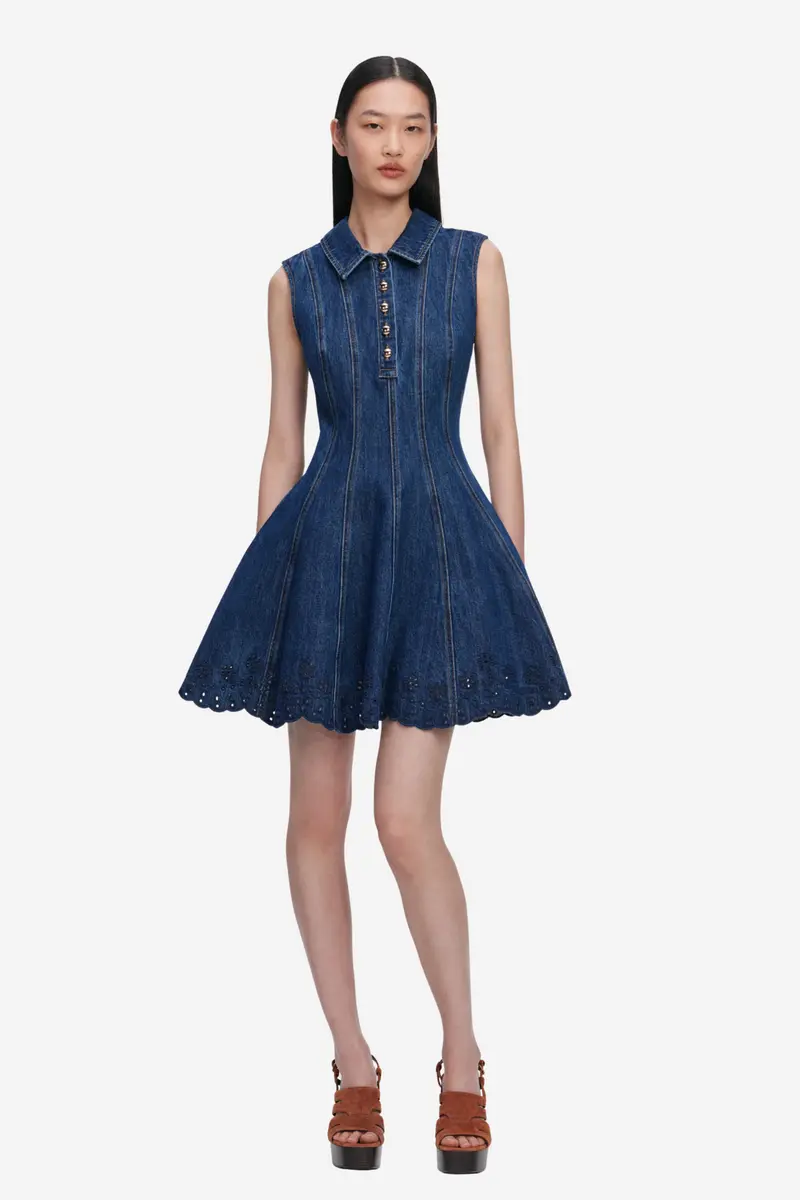 Denim Broderie Mini Dress Blue
