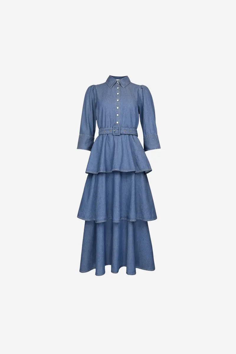 Denim Flounce Dress French Blue