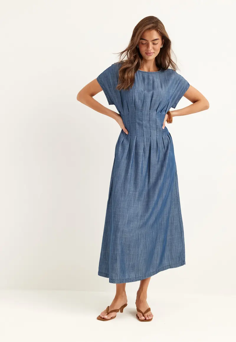 Denim Pleated Midi Dress
