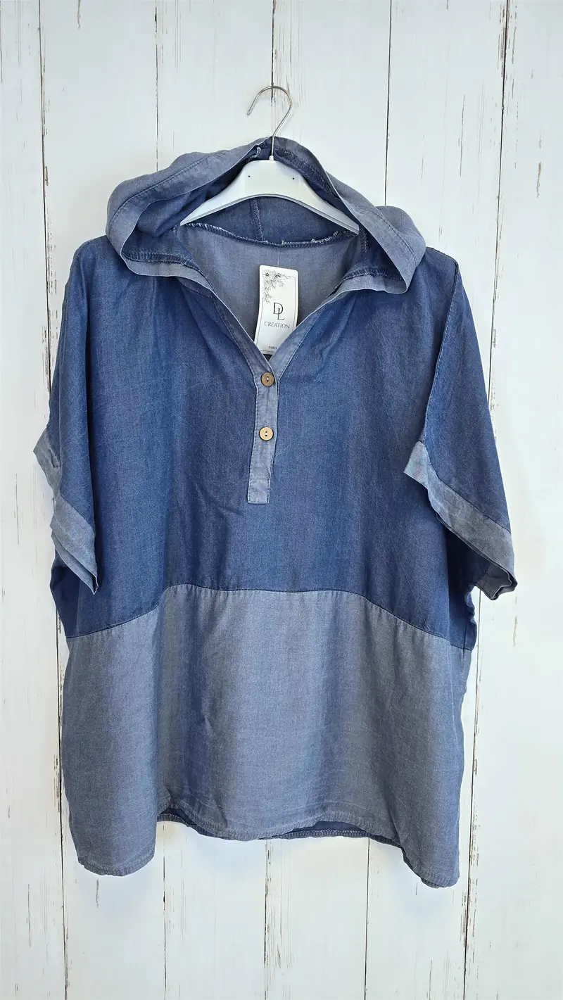 Denimlook Topp med Hette blå denim
