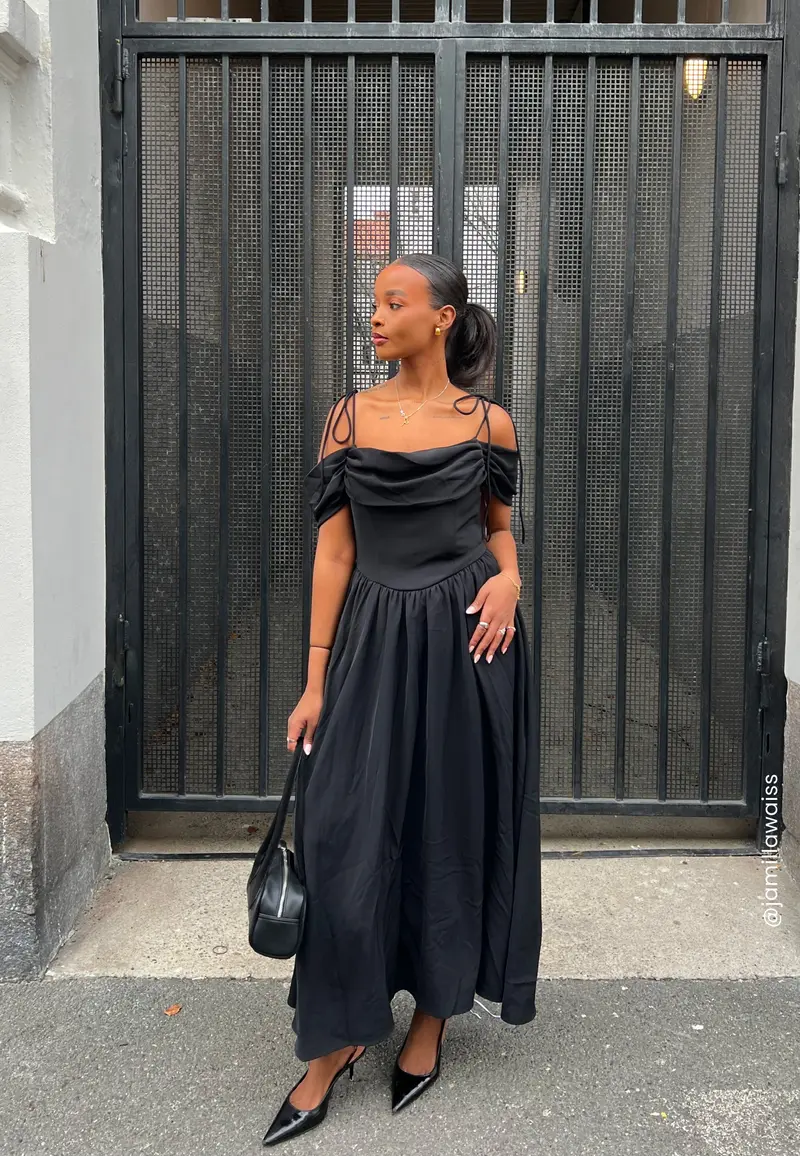 Draped Off Shoulder Corset Midi Dress