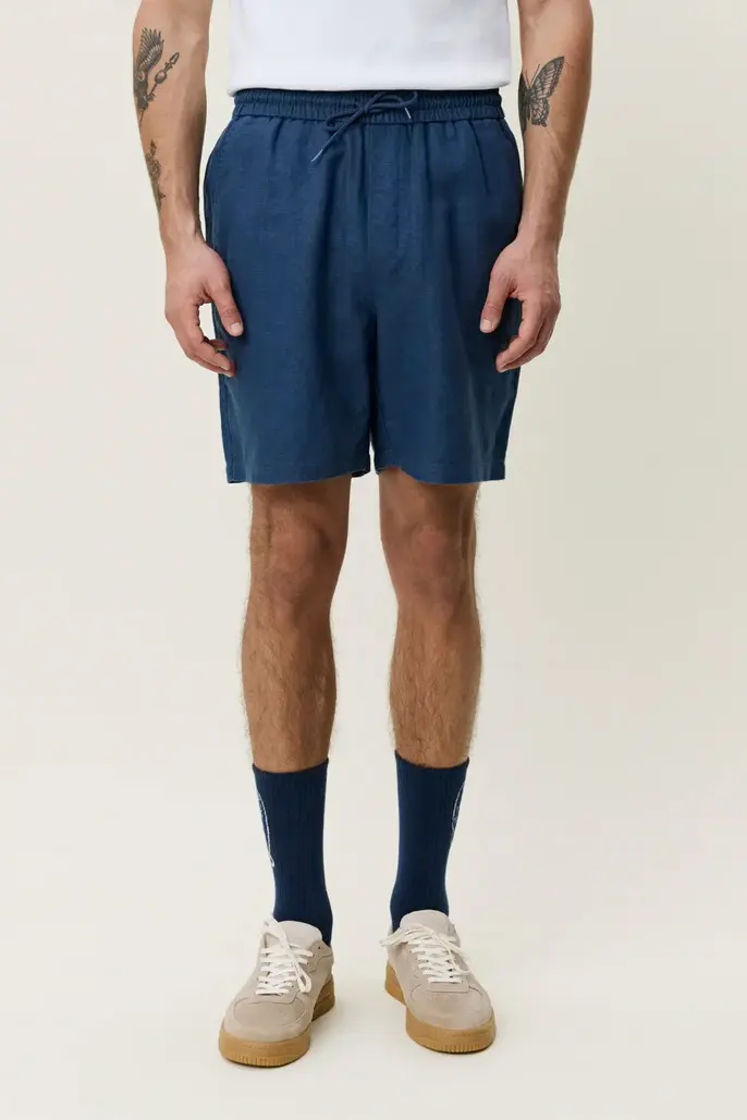 Drawstring Linen Shorts Dark Denim Blue