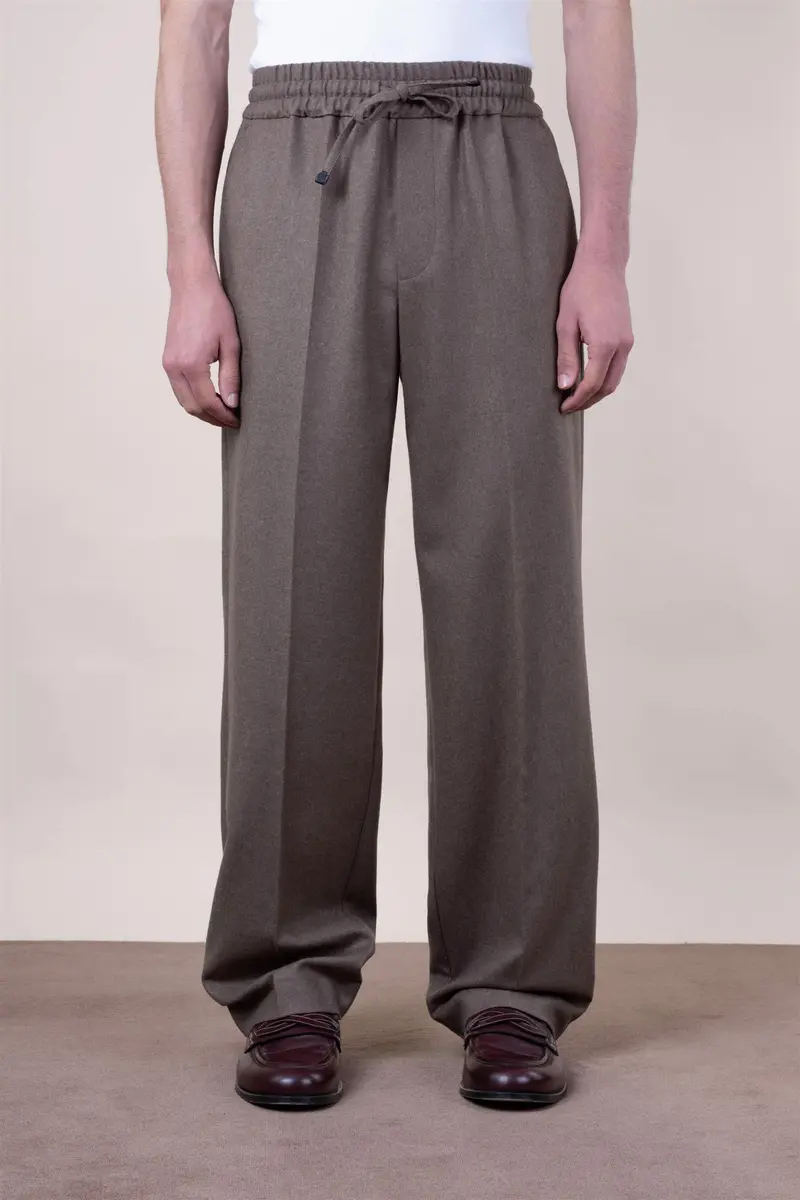 Elastic Waist Flannel Pants Light Brown