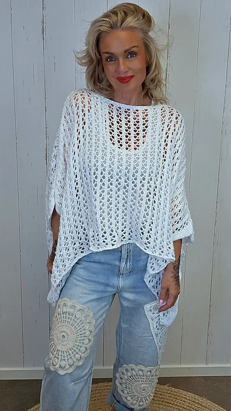 Eline Strikket Poncho Topp hvit