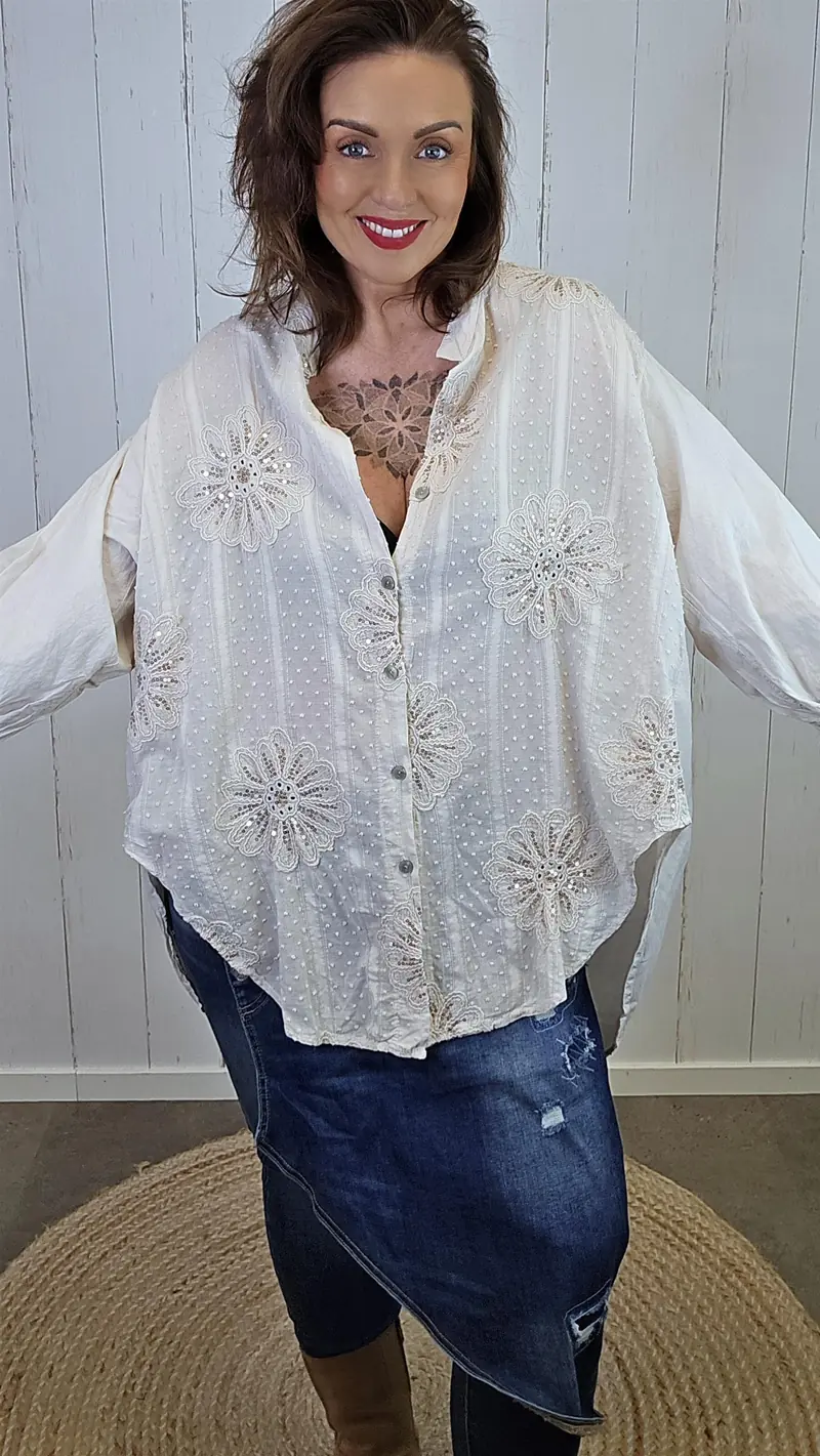 Elise Bomullsskjorte Med Paljettdetaljer Beige