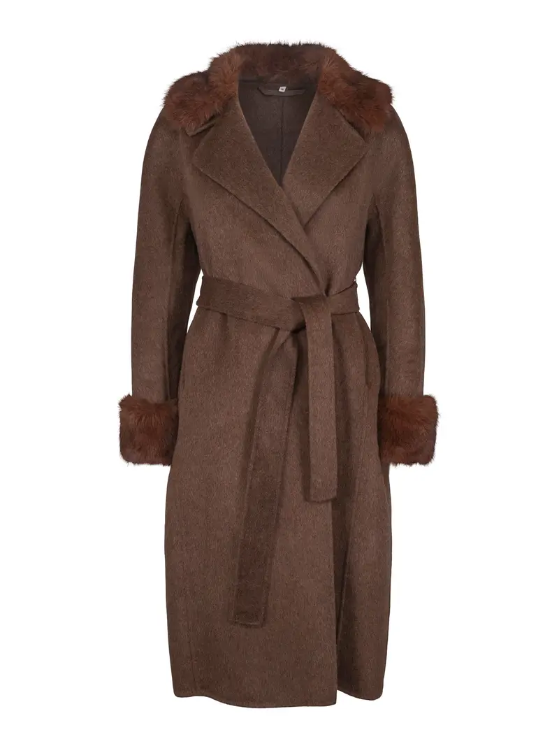 Fab wool coat w/faux fur Brown Mel.
