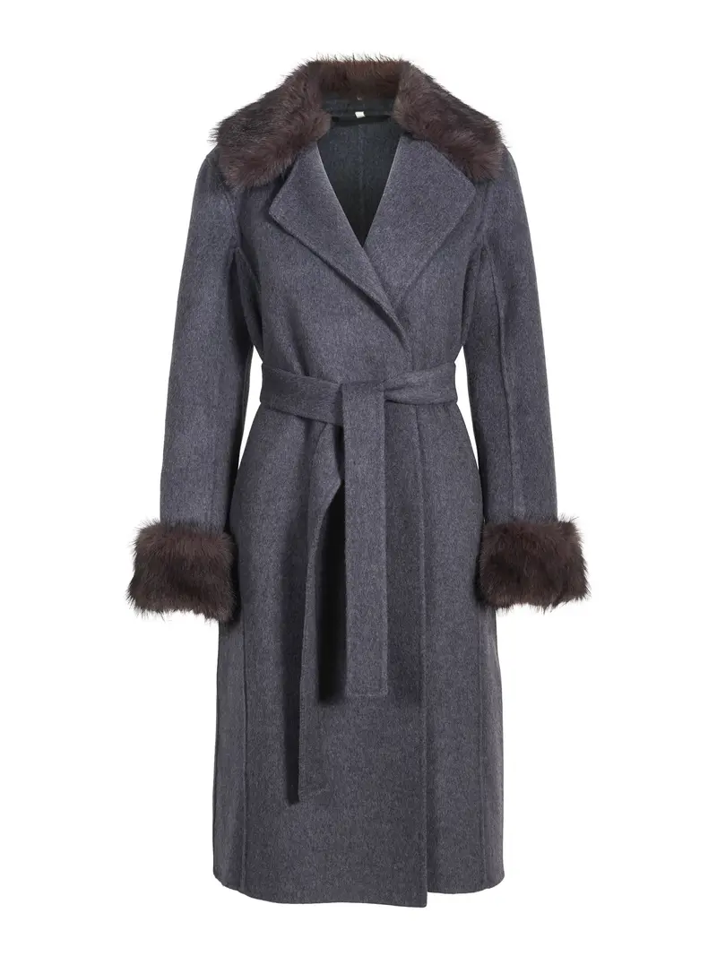 Fab wool coat w/faux fur Grey Mel.