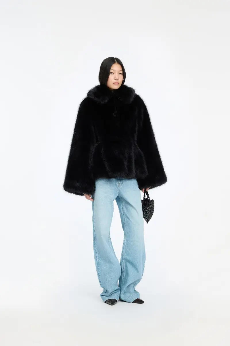 Faux Fur Flared Jacket - Black